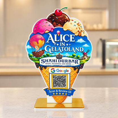 1 QR NFC Enabled Ice Cream Cone Shape Standee for Ice Cream Parlour Kulfi & Dessert Shop