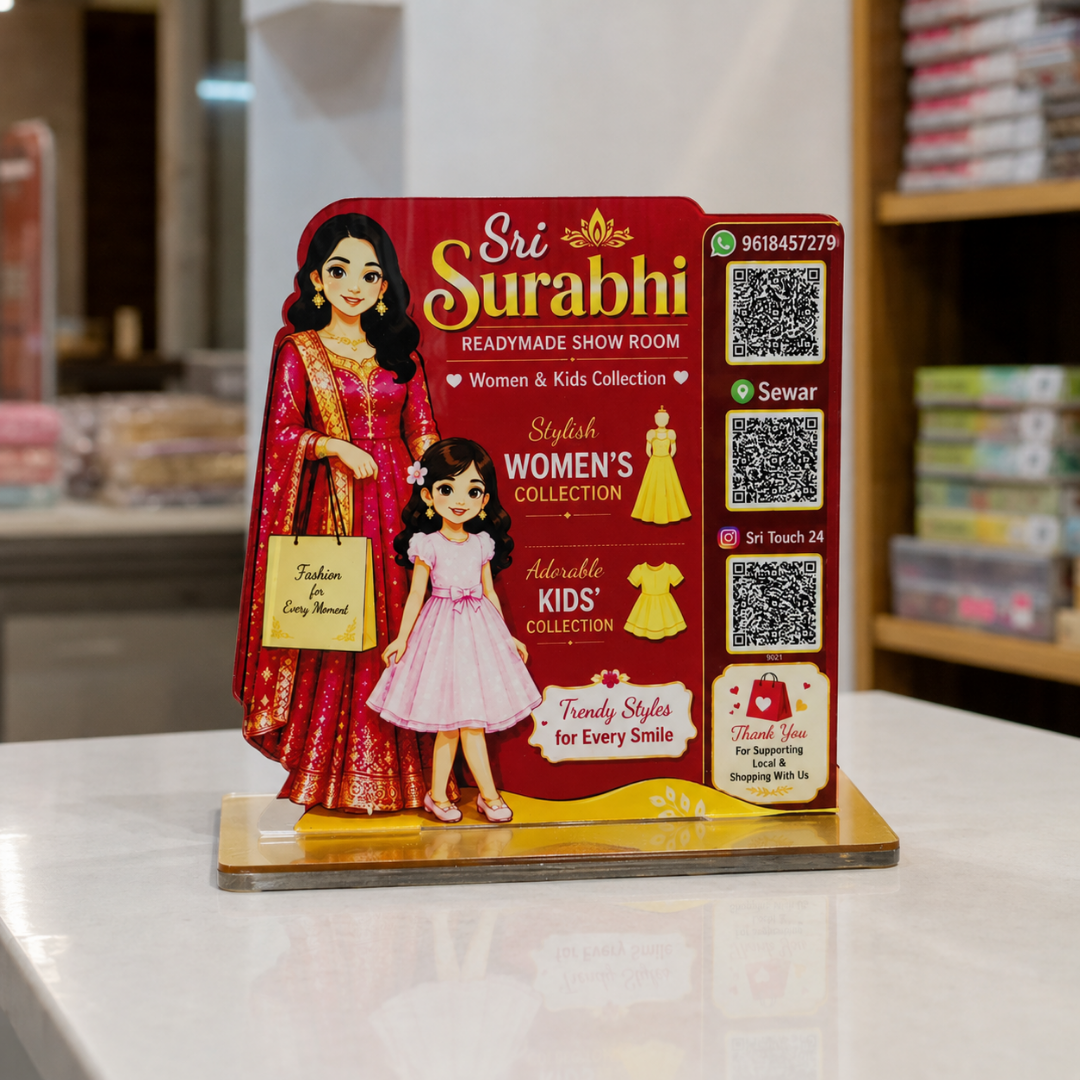 3 QR NFC Enabled Girl Cut Out Standee For Cloth Store and Showroom