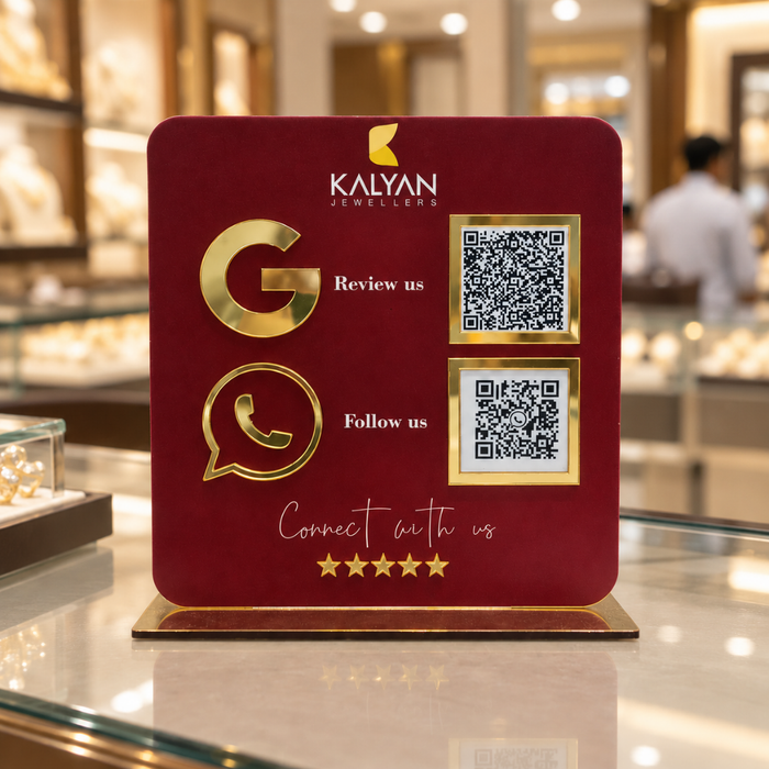2 QR NFC Enabled Dark Maroon Google Review Standee For Jewellers