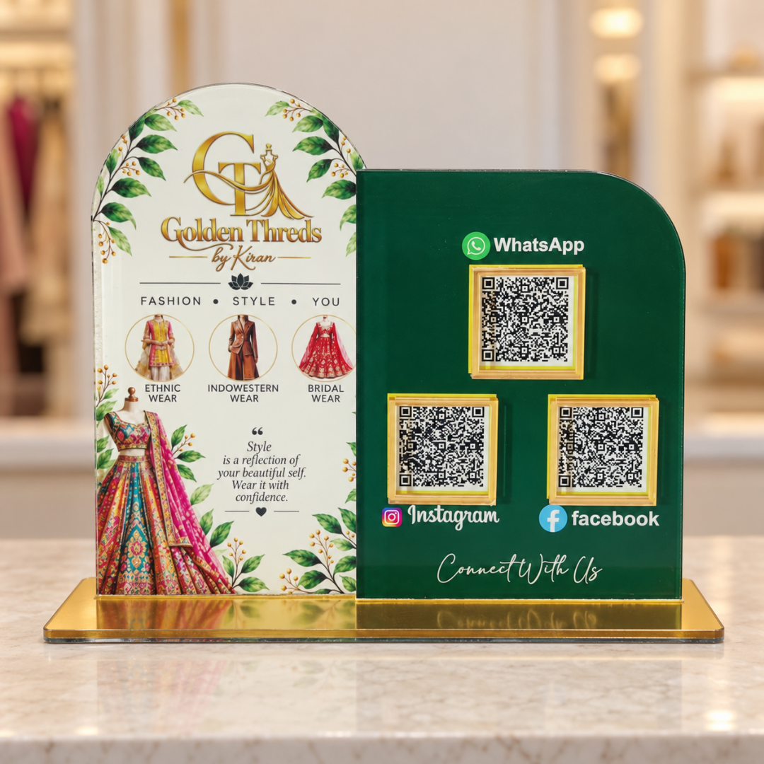 3 QR NFC Enabled Dual Panel Boutique Standee with Ethnic Wear Design For Cloth Store