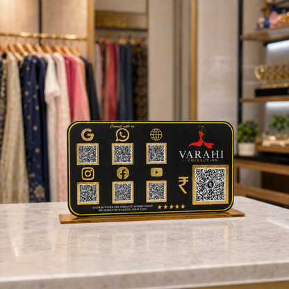 7 QR NFC Enabled Black Background Standee For Cloth Store
