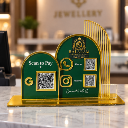 2 QR And 1 QR NFC Enabled Round Shape Green Background Standee For Jewellers