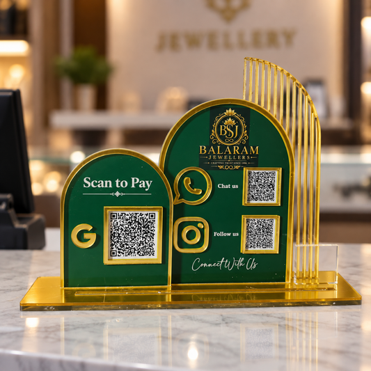 2 QR And 1 QR NFC Enabled Round Shape Green Background Standee For Jewellers