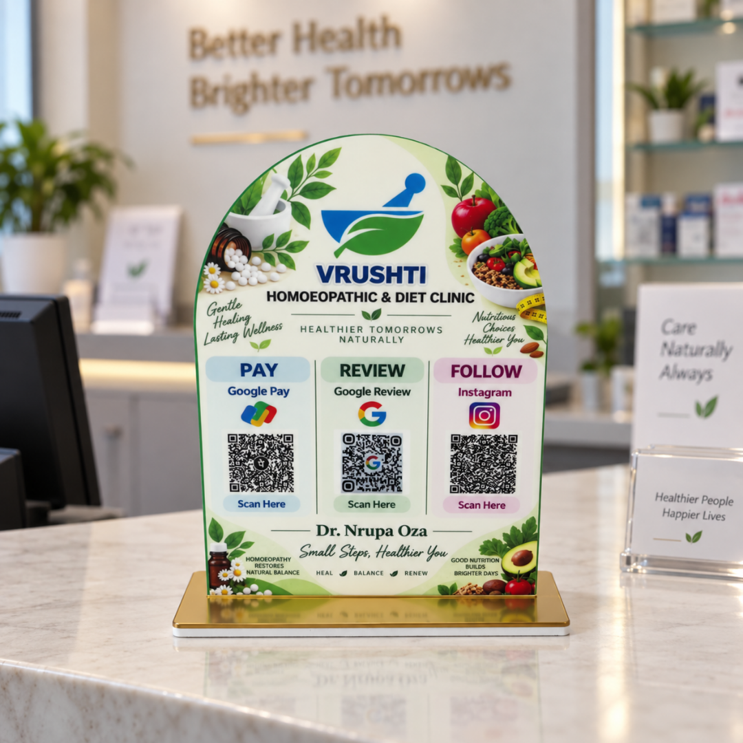 3 QR NFC Enabled Curve Shape Standee for Homeopathy & Diet Clinic