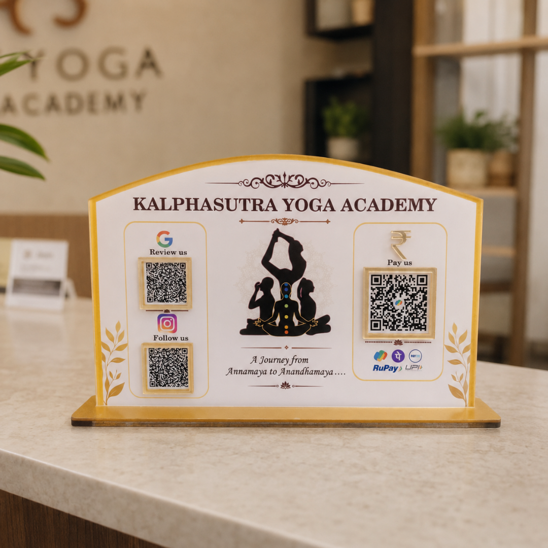 3 QR NFC Enabled Standee With Yoga Print For Yoga Institute