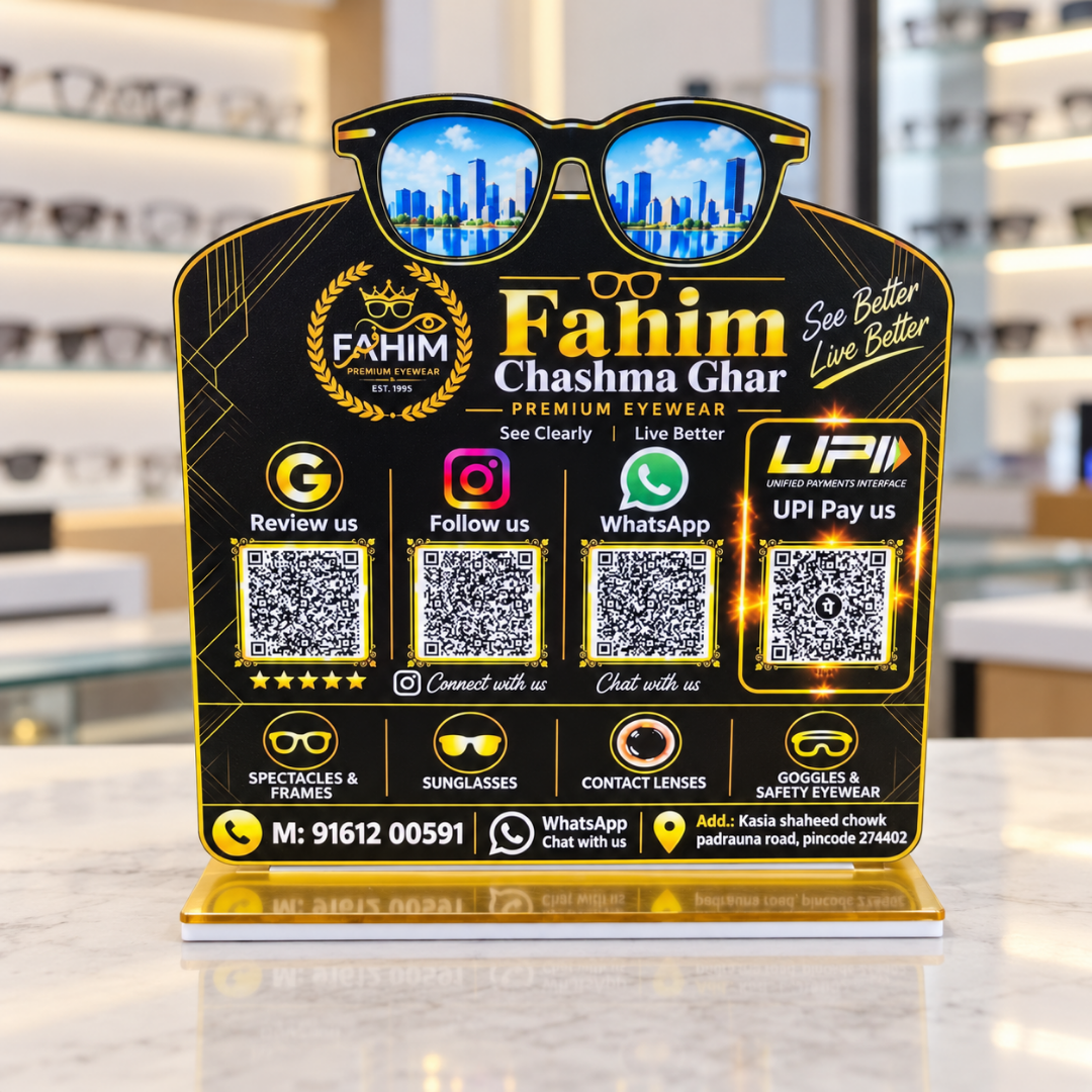4 QR NFC Enabled Chashma(Glasses) Cut Out Standee For Optical and Eye Clinic