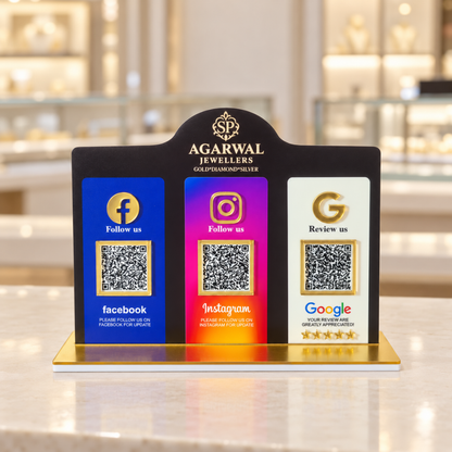 3 QR NFC Enabled Multi Colour Black Background Standee for Jewellery Store