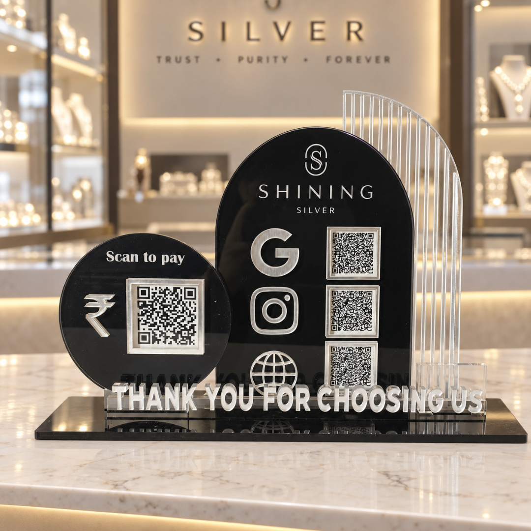 3 QR NFC Enabled Round Shape Black Background Standee For jewellers