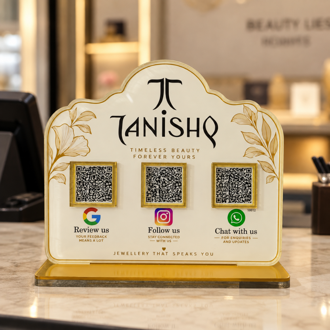 3 QR NFC Enabled Leaf Printed Standee For Jewellers And Showrooms