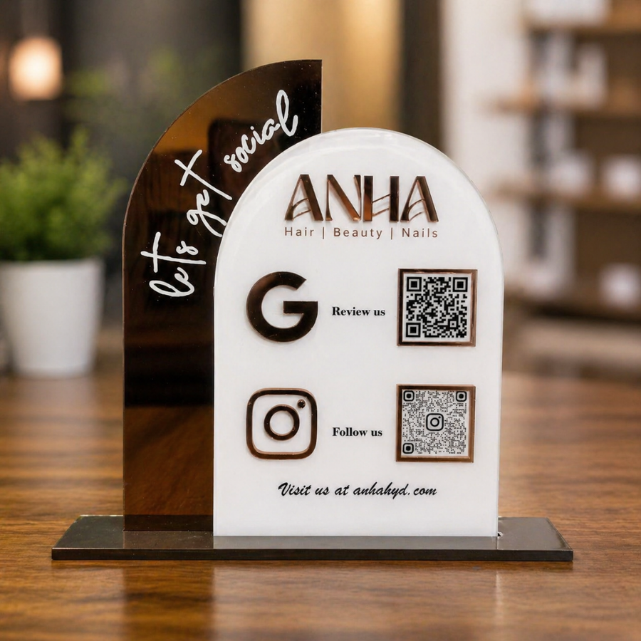 2 QR NFC Enabled Arch Round Shaped Acrylic Standee For Salon and spa