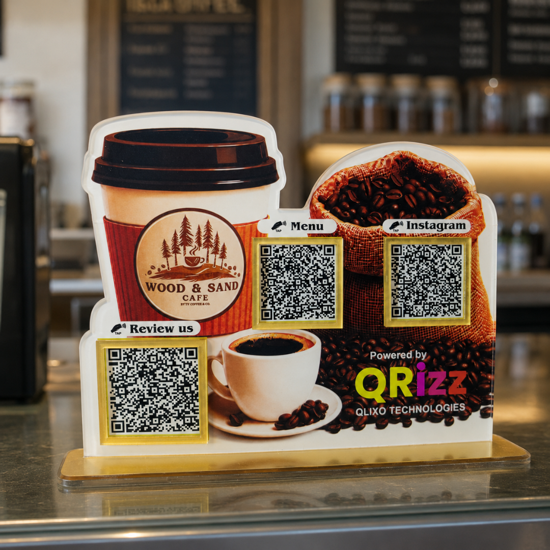 3 QR NFC Enabled Coffee Cup Cut Our Standee For Cafe Restaurant