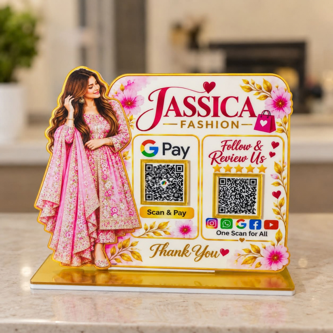 2 QR NFC Enabled Girl Cut-Out Standee for Boutique Clothing Store & Fashion Shop