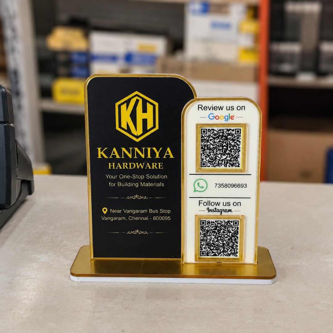 2 QR NFC Enabled Logo Cut Out Standee For Jewellers Hardware Garage