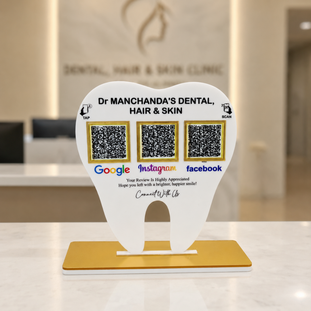 3 QR NFC Enabled White Tooth Shape Standee for Dental Clinic