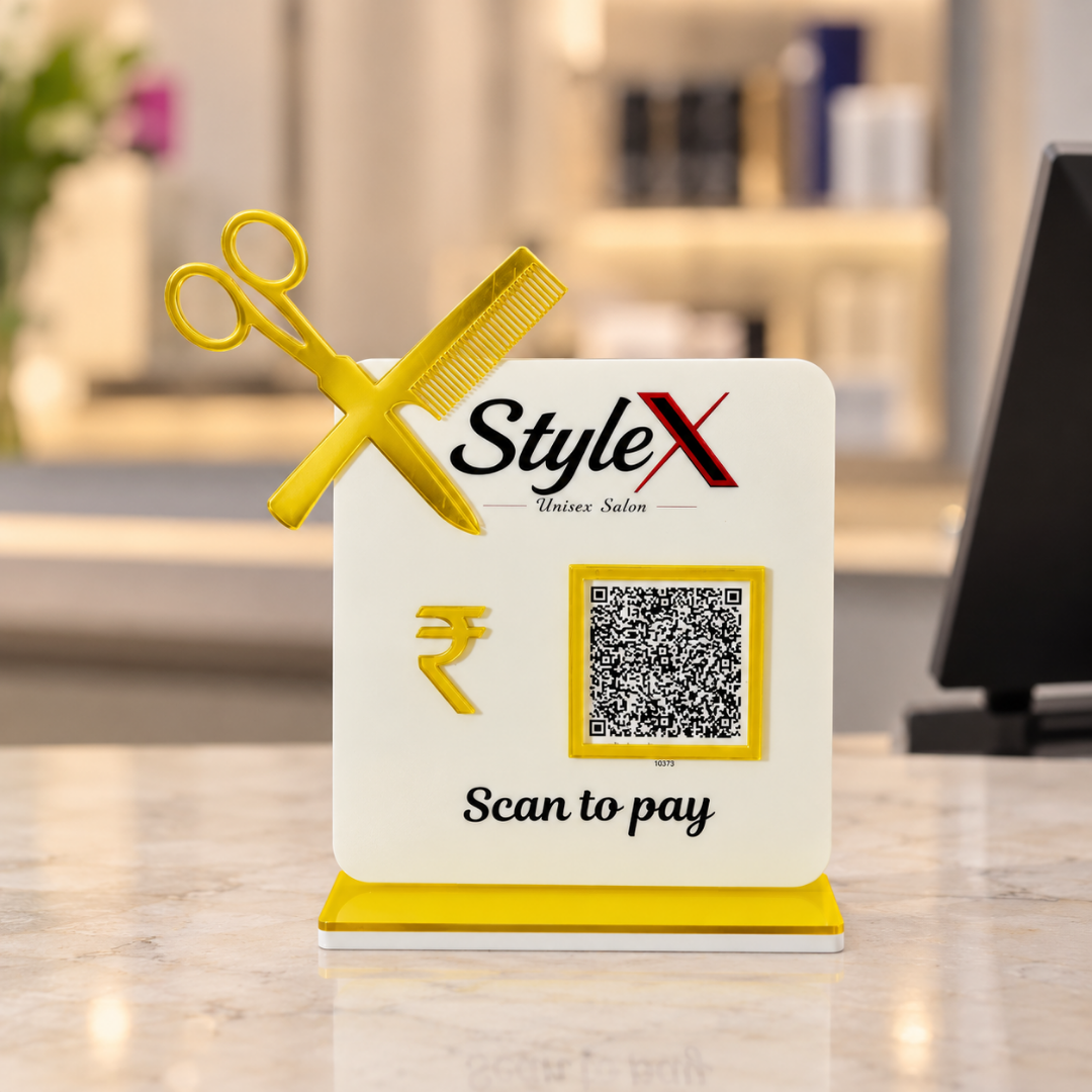 1 QR NFC Enabled Payment Standee with Scissor Cutout For Salon and spa