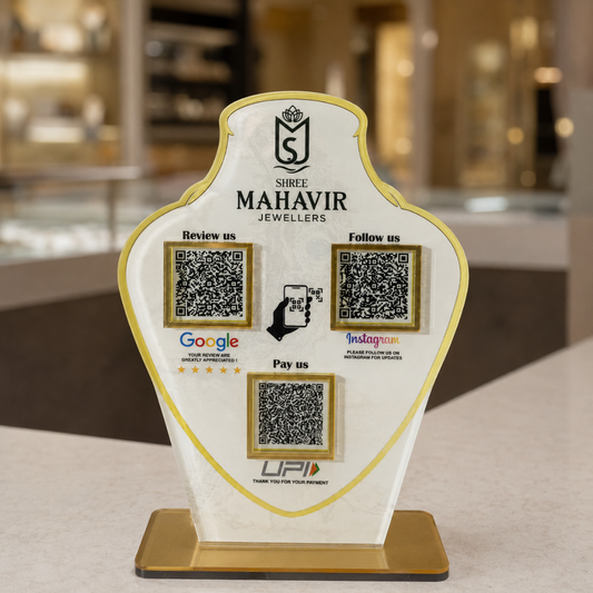 3 QR NFC Enabled Body Shape White Background Standee For Jewellers