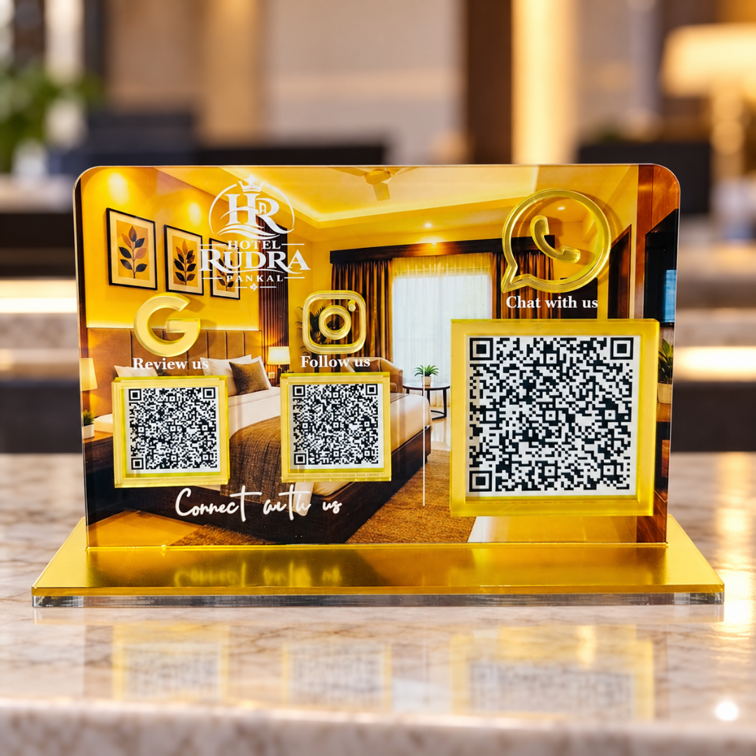 3 QR NFC Enabled Golden Printed Standee For Hotel Showroom And Cafe
