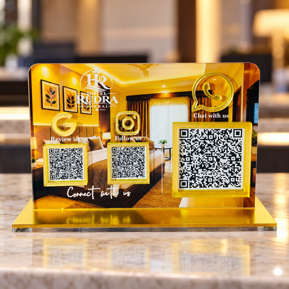 3 QR NFC Enabled Golden Printed Standee For Hotel Showroom And Cafe