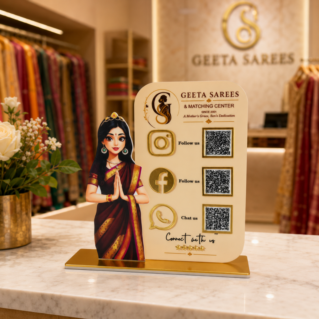 3 QR NFC Enabled Girl Cut Out Vertical Standee For Cloth Store and Showroom