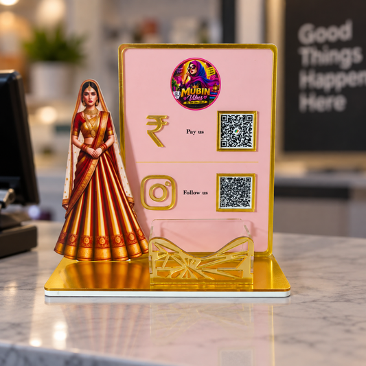 2 QR NFC Enabled Saree Girl Cut Out Pink Background Standee