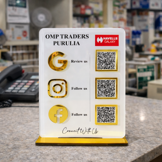 3 QR NFC Enabled Vertical White Acrylic Standee with Golden Icons