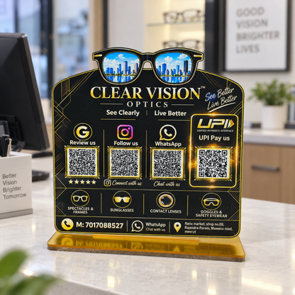 4 QR NFC Enabled Glasses Cut Out Black Background Sandee For Optical Clinic