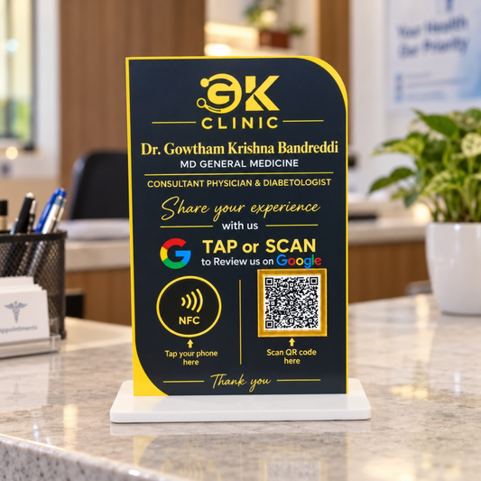 1 QR NFC Enabled Black & Gold Google Review Standee for Clinic & Hospital