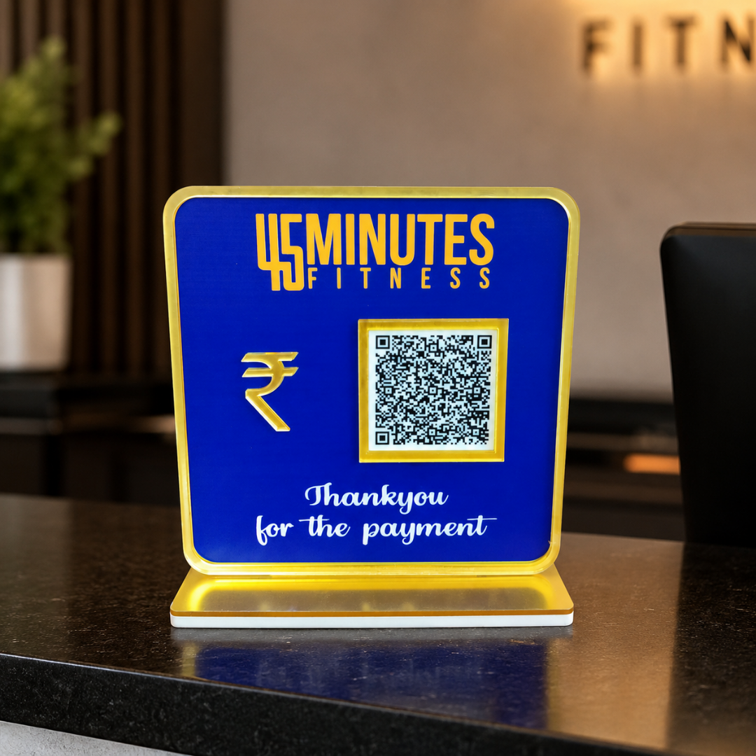 1 QR NFC Enabled Blue Colour Payment Standee For Gym and salons
