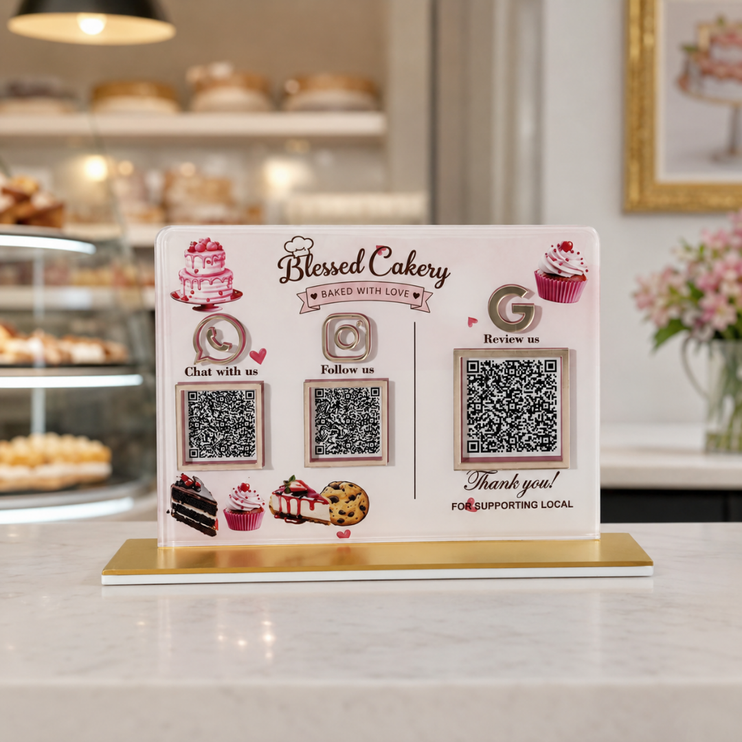 3 QR NFC Enabled Cake and Cookies Printed Horizontal Standee For Bakery and Cake Shop