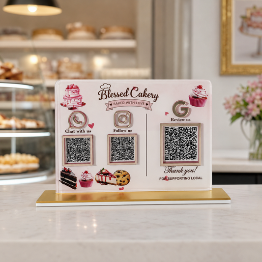 3 QR NFC Enabled Cake and Cookies Printed Horizontal Standee For Bakery and Cake Shop