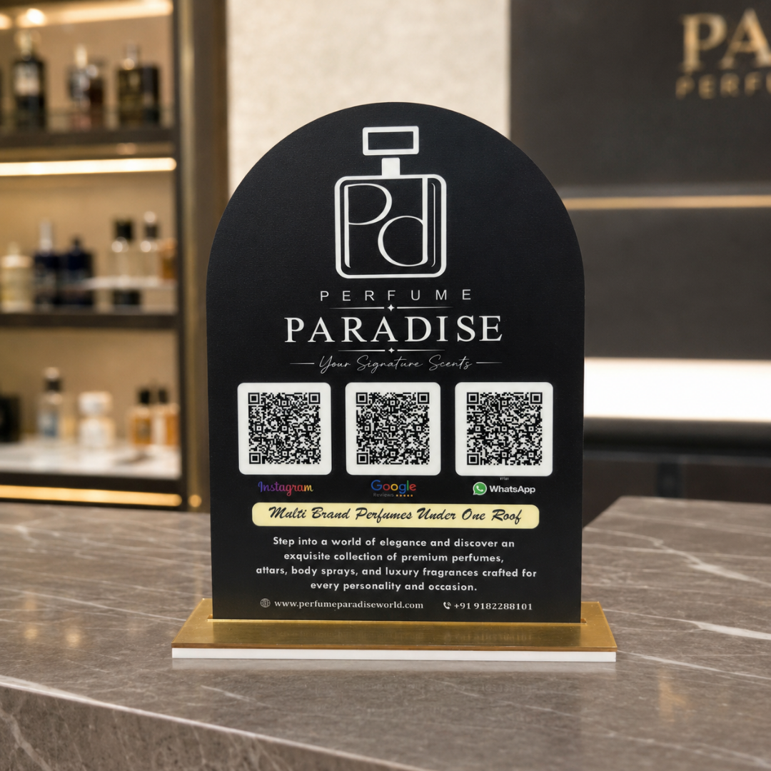 3 QR NFC Enabled Black Background Standee For Perfume Shop