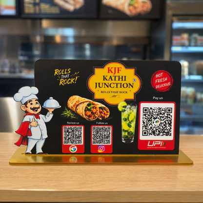 3 QR NFC Enabled Black Background Chef Cut Out Standee For Restaurant Hotel