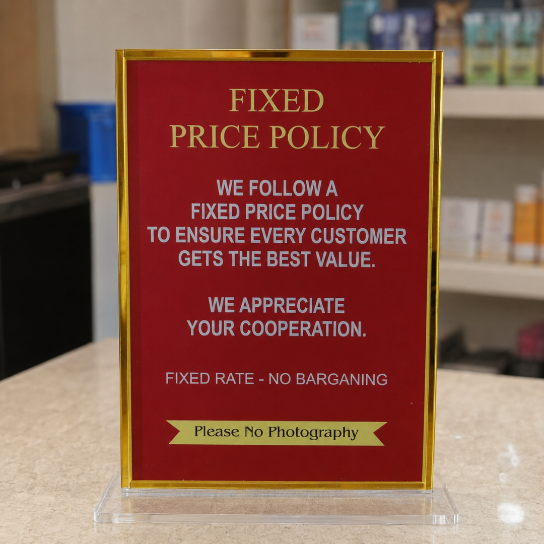 Premium Acrylic Fixed Folicy Plate Standee For jewellers