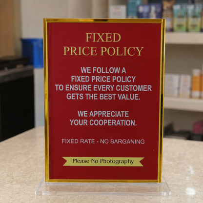 Premium Acrylic Fixed Folicy Plate Standee For jewellers