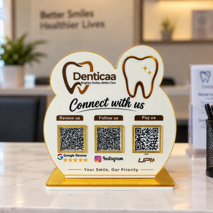 3 QR NFC Enabled Teeth Cut Out Round Shape Standee For Dental Clinic