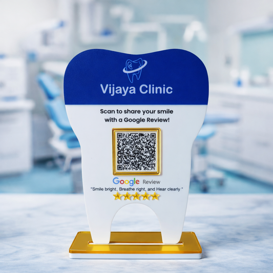 1 QR NFC Enabled Tooth Shape Standee for Clinic | Dental Clinic Table Top Display