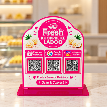 3 QR NFC Enabled Pink Arch Shape Ladoo Design Standee for Sweet Shop & Mithai Store
