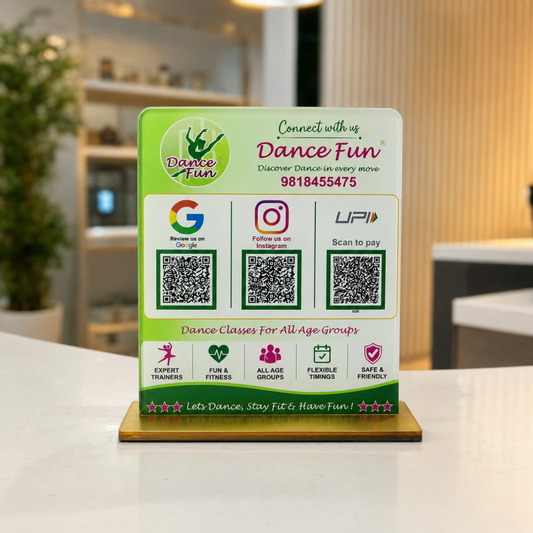 3 QR NFC Enabled 8x7 Vertical Green Colour Standee For Dance hub Flower Market and Greenery Shops