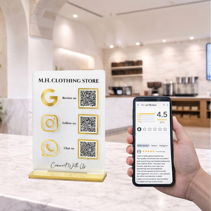 3 QR NFC Enabled Frosted Digital Standee for Shops, Cafes, Clinics & Offices - Google Review + Instagram + UPI Payment + Offers