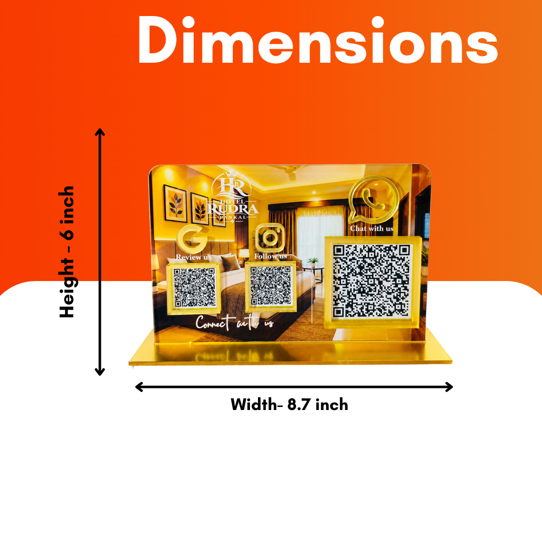3 QR NFC Enabled Golden Printed Standee For Hotel Showroom And Cafe