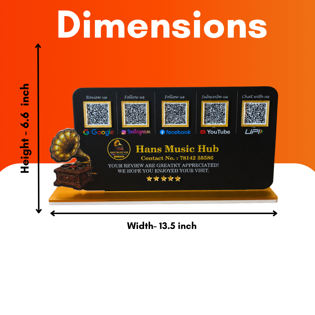 5 QR NFC Enabled Gramophone Cut Out Black Colour Horizontal Standee For Music Hub and Music Stores