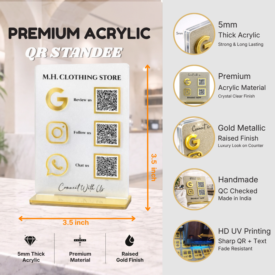 3 QR NFC Enabled Frosted Digital Standee for Shops, Cafes, Clinics & Offices - Google Review + Instagram + UPI Payment + Offers