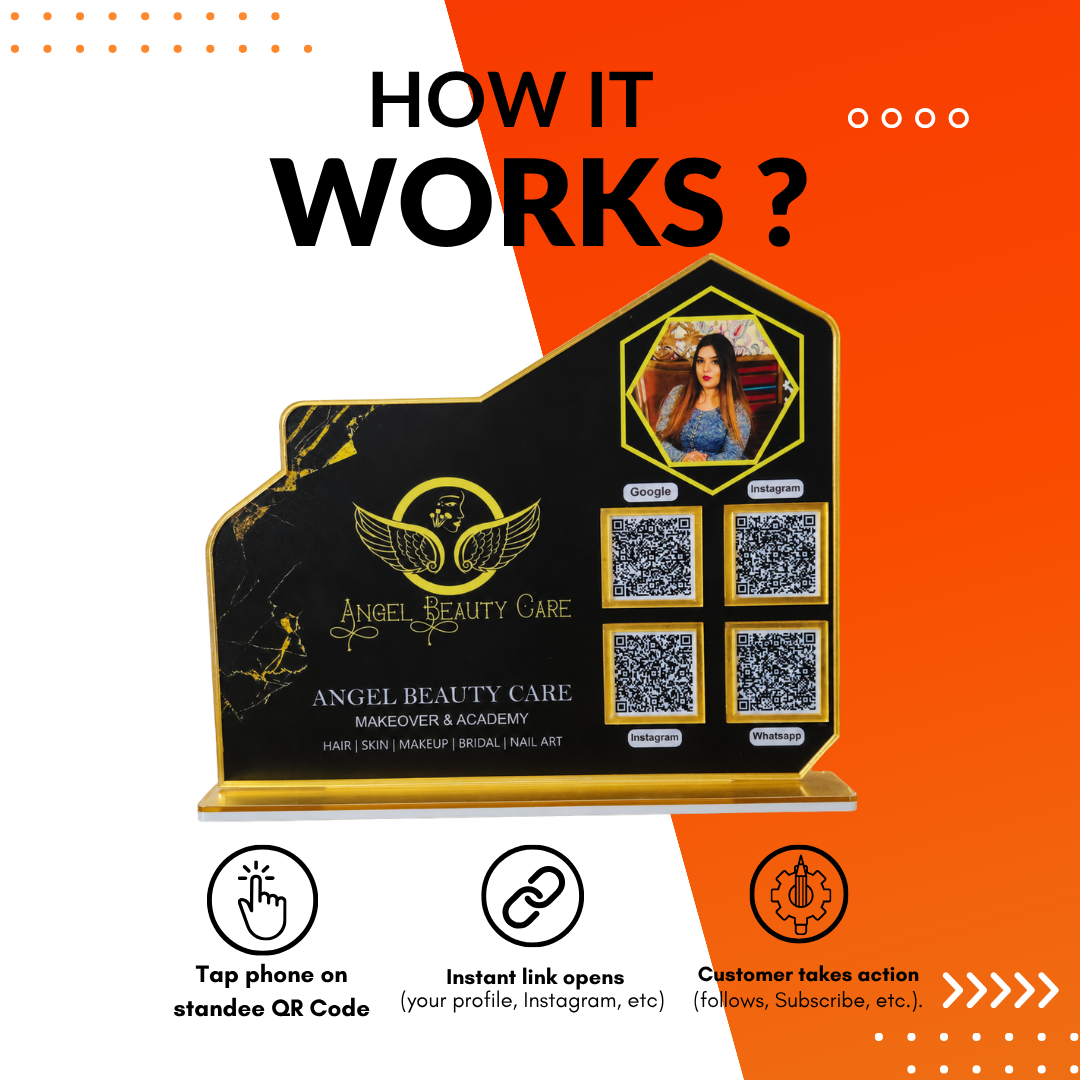 4 QR NFC Enabled Black Colour Standee With Photo Printed For Salon and Spa