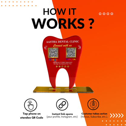 2 QR NFC Enabled Tooth Shape Premium Red Standee for Dental Clinic