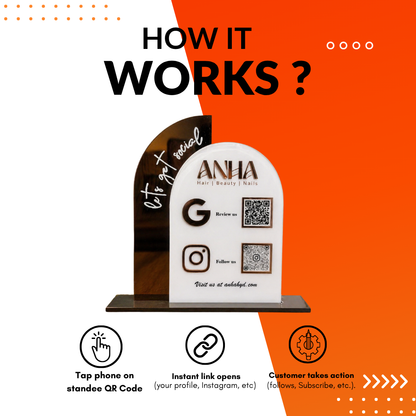 2 QR NFC Enabled Arch Round Shaped Acrylic Standee For Salon and spa