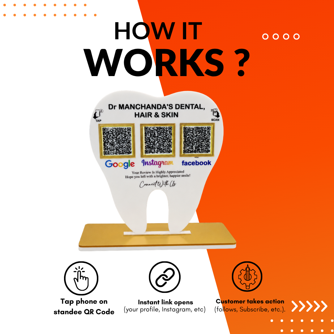 3 QR NFC Enabled White Tooth Shape Standee for Dental Clinic