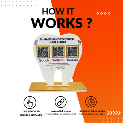 3 QR NFC Enabled White Tooth Shape Standee for Dental Clinic