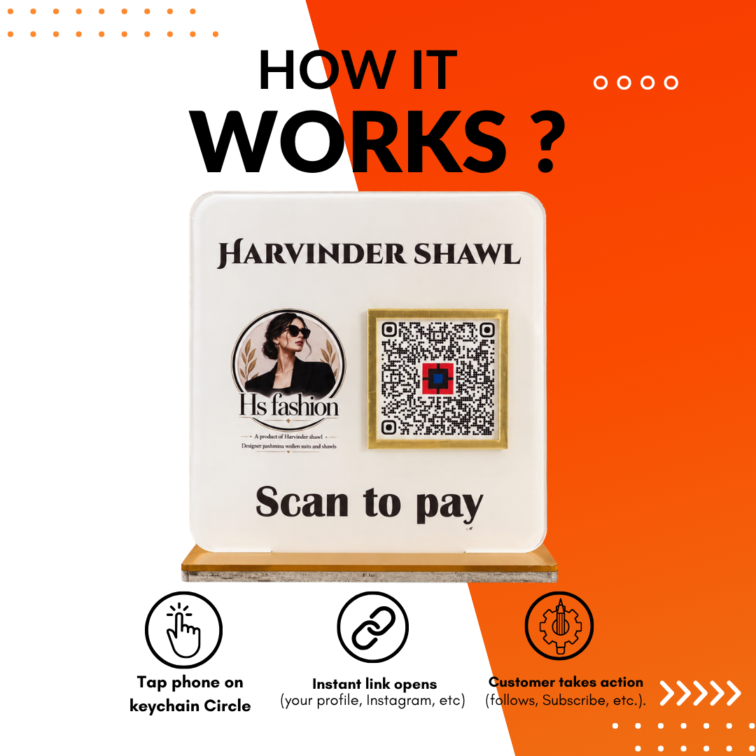 1 QR NFC Enabled Premium White Acrylic UPI Payment Standee with Golden QR Frame for Clothing Store & Boutique