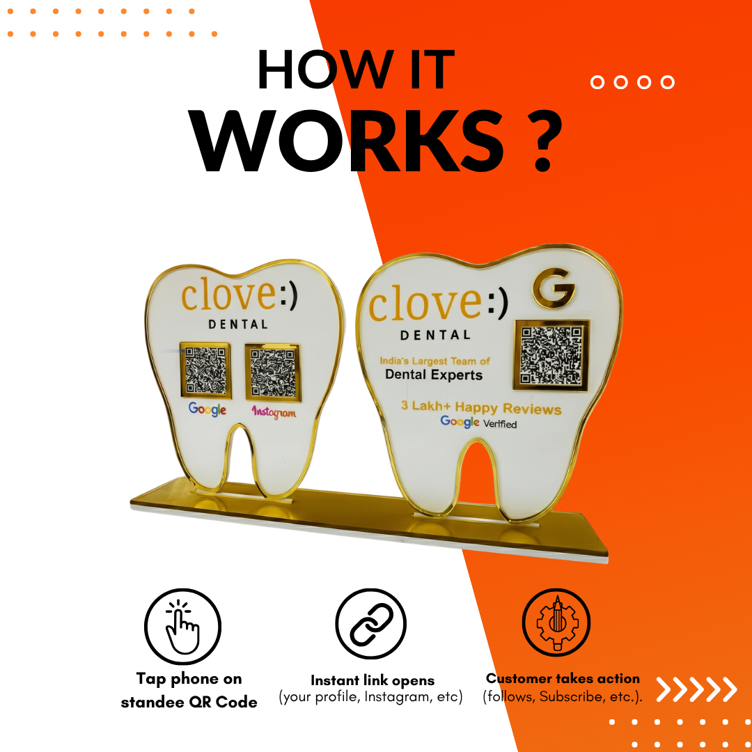 3 QR NFC Enabled Tooth Shape Standee for Dental Clinic & Dentist | Pack of 2 | Business Promotion for Dental Clinic