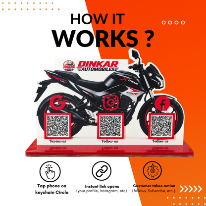 3 QR NFC Enabled Bike Shape Standee For Automobile and Bike Showrooms